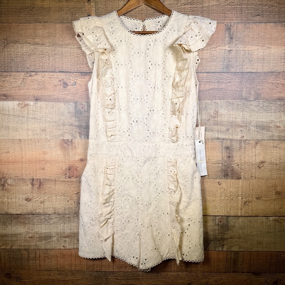 Happy X Nature Cream Floral Eyelet Ruffle‎ Open Back Romper Size 6 NWT